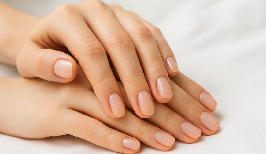 Close-up of healthy, natural nails with a glossy finish resting on a soft white towel at Elite Nails in Westminster, CO.